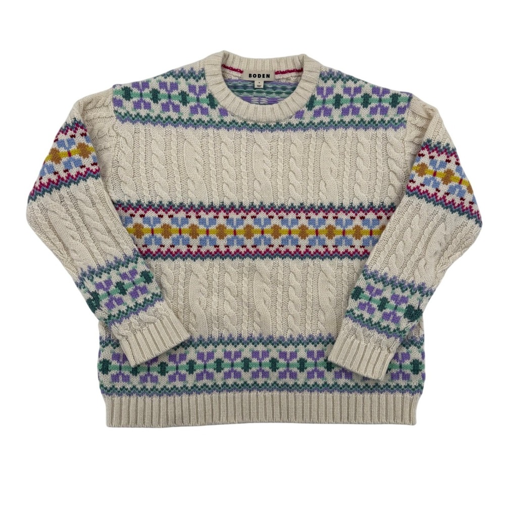 Boden Fair Isle Cable Knit Sweater Women M Cream Wool Alpaca Excellent Nordic